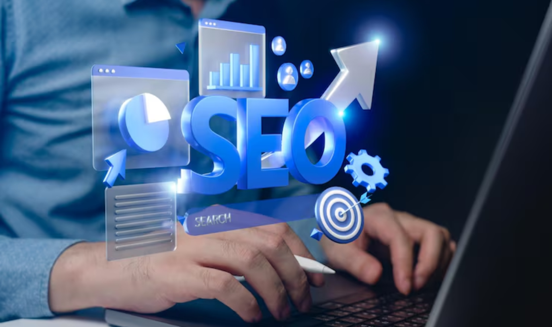 Technical SEO Fixes and analysing a webpage, target with an arrow, and a large Start button on a dark digital background.